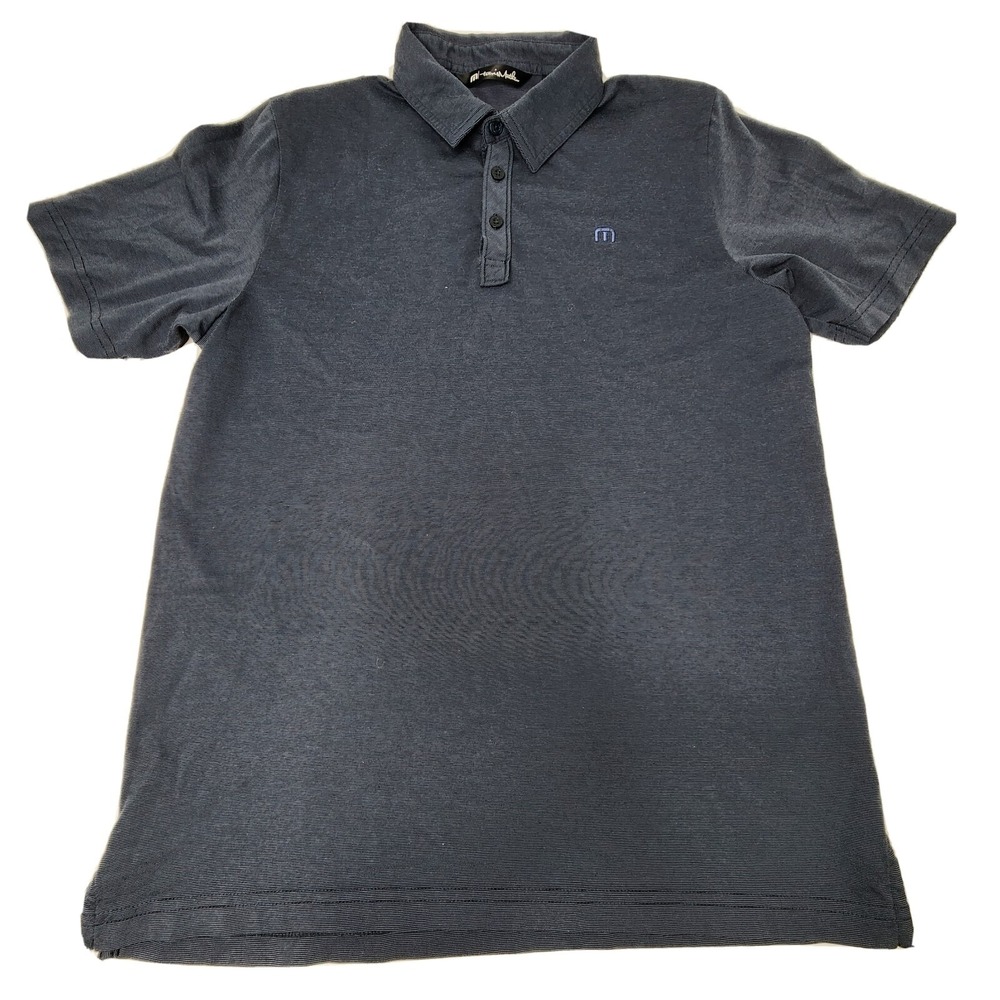 Travis Mathew Mens Medium Dark Blue Striped Short Sleeve Golf Polo Shirt EUC